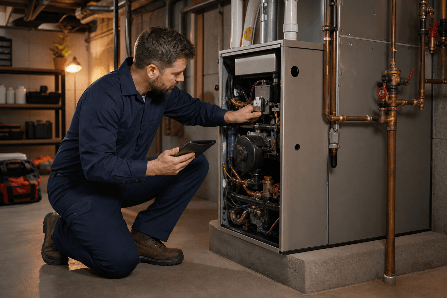 HVAC technician servicing heating equipment