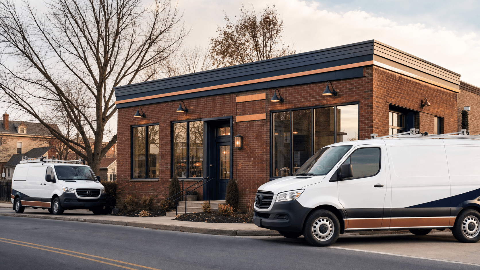 Local Lancaster service building with work vans